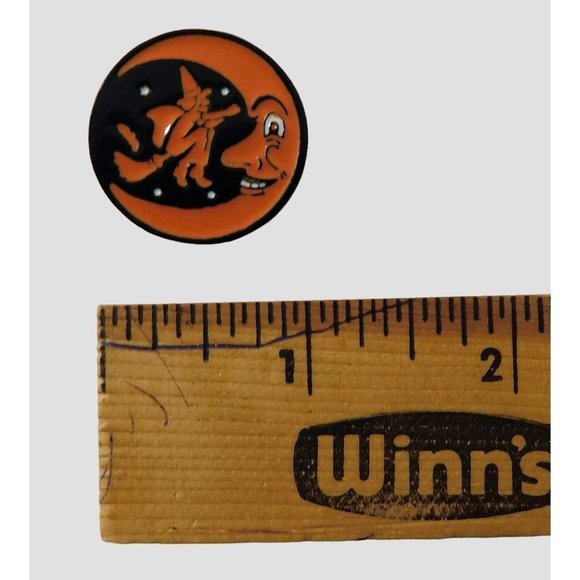 Halloween Pin Witch on Broom Moon Tie Tac Lapel Hat Metal 1 in Round - Picture 2 of 3